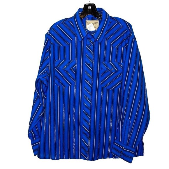 Wrangler Mens Shirt Size XL Vintage Western Snap Front Cuff Metallic Thread Blue - Picture 1 of 13